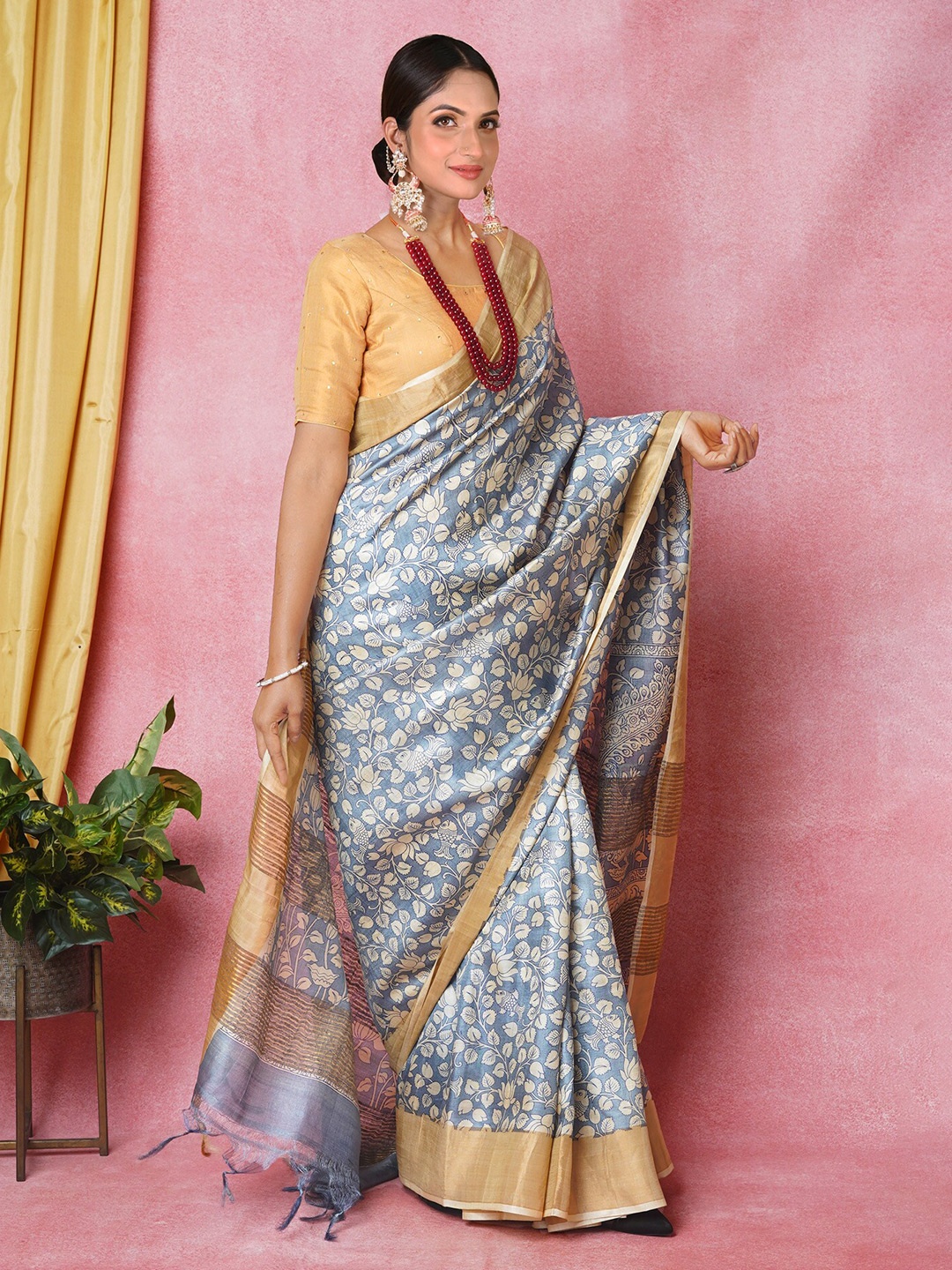 

Unnati Silks Ethnic Motifs Printed Zari Pure Silk Tussar Saree, Blue