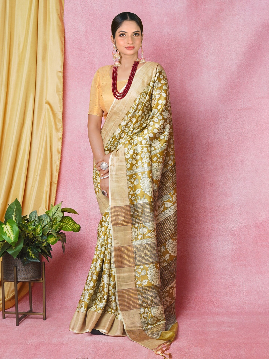 

Unnati Silks Ethnic Motifs Printed Zari Pure Silk Tussar Saree, Brown