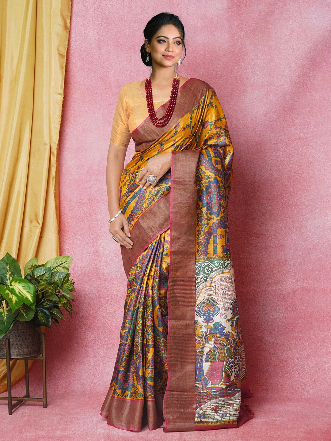 

Unnati Silks Ethnic Motifs Printed Zari Pure Silk Tussar Saree, Yellow