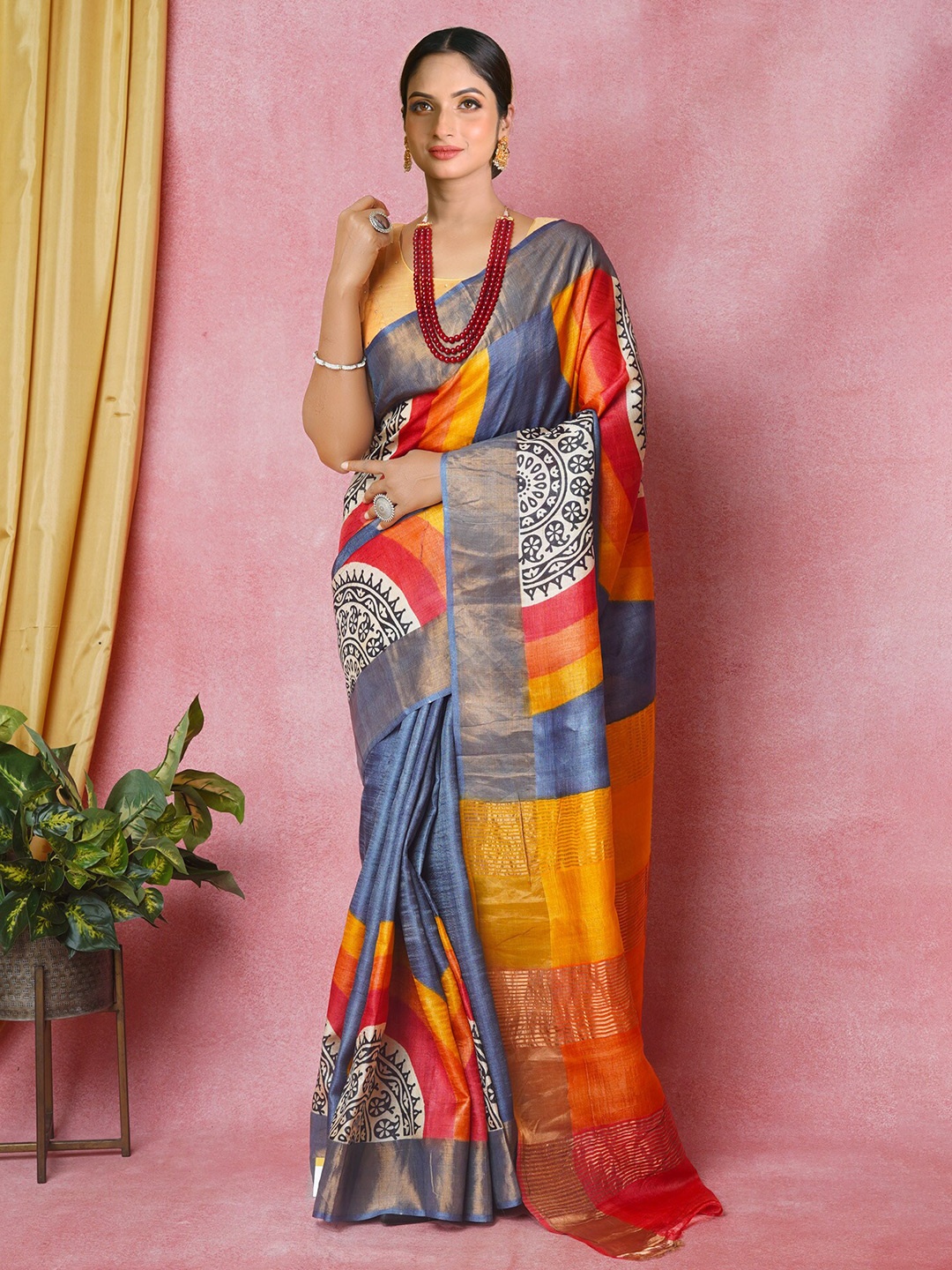 

Unnati Silks Ethnic Motifs Printed Zari Pure Silk Tussar Saree, Grey