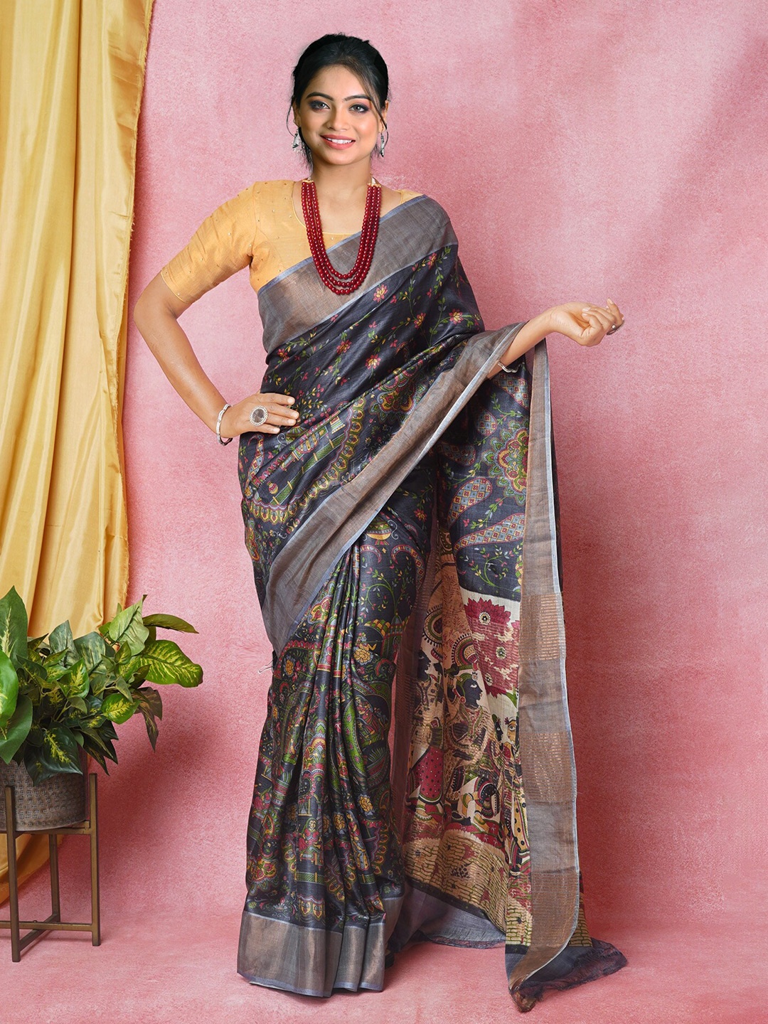 

Unnati Silks Paisley Printed Zari Pure Silk Tussar Saree, Black