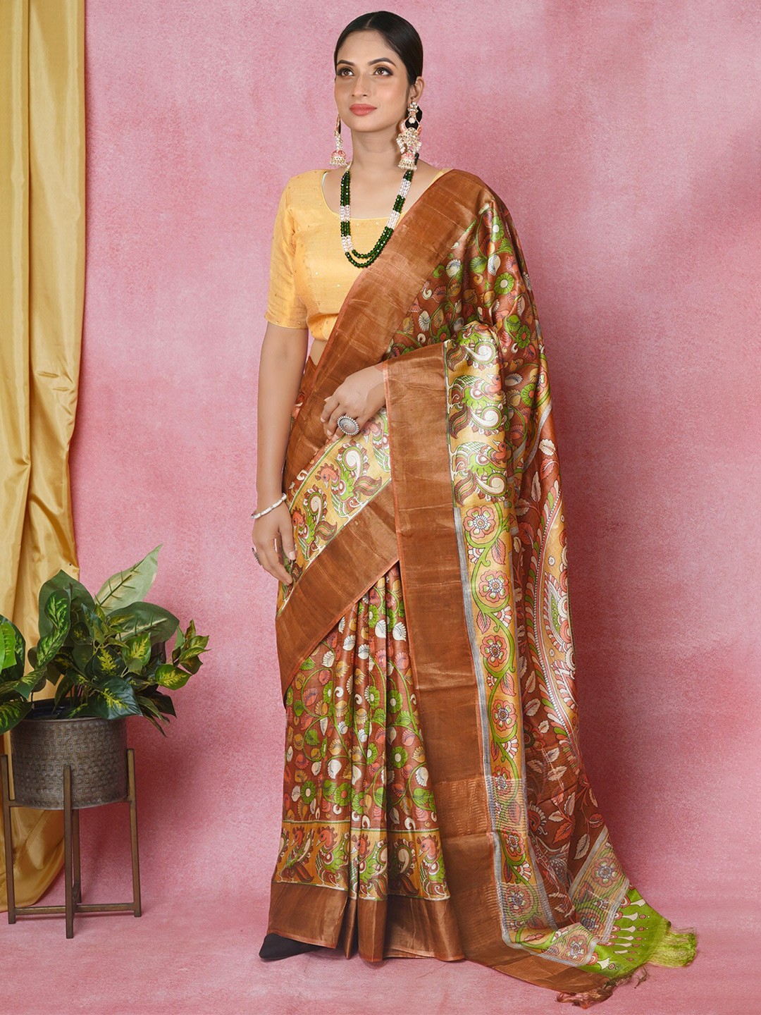 

Unnati Silks Floral Printed Zari Pure Silk Tussar Saree, Orange