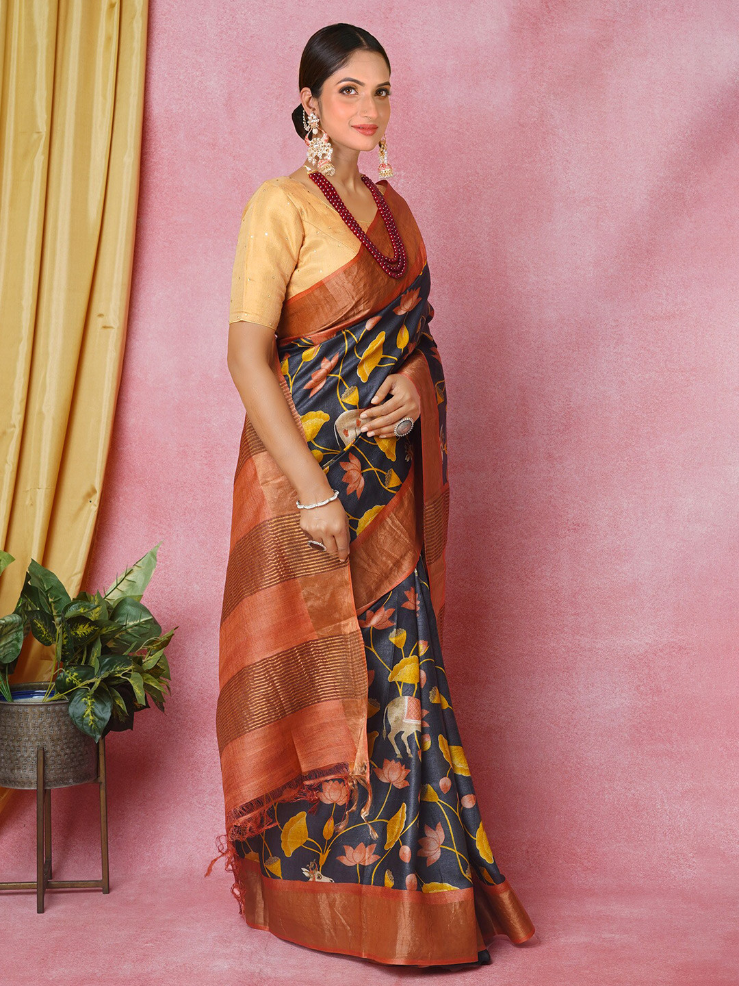 

Unnati Silks Ethnic Motifs Printed Zari Pure Silk Tussar Saree, Black