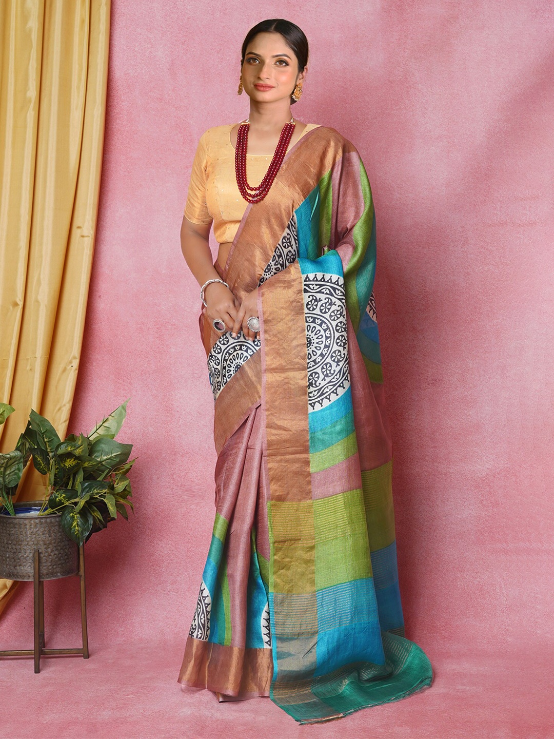 

Unnati Silks Paisley Printed Zari Pure Silk Tussar Saree, Gold