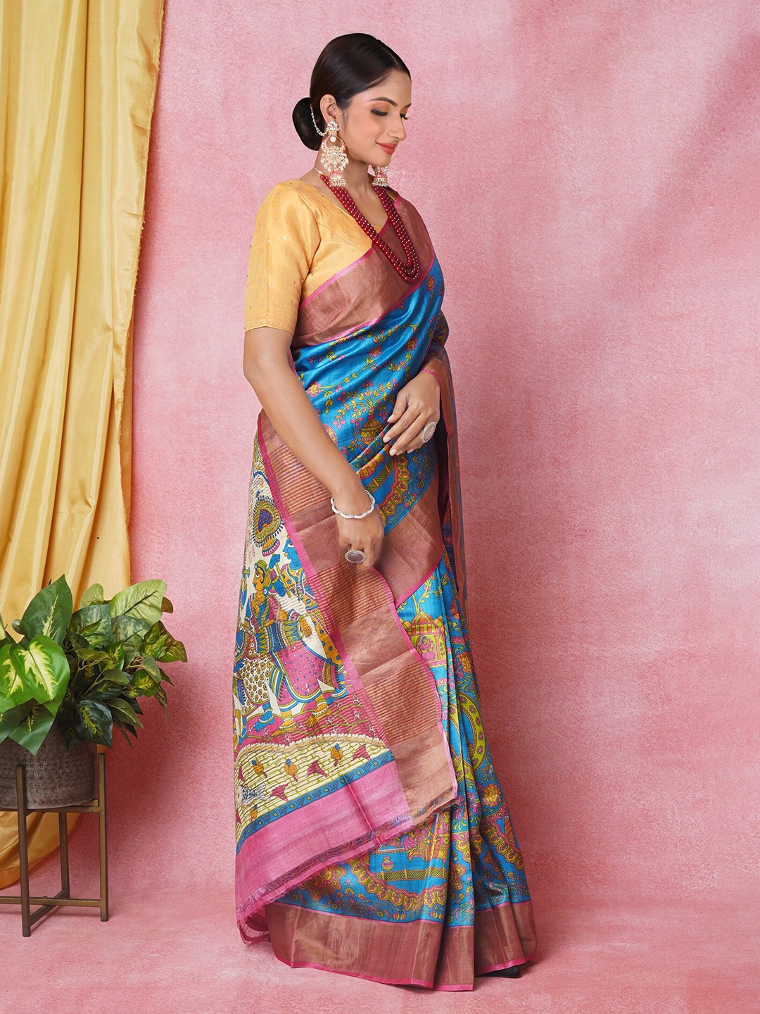 

Unnati Silks Ethnic Motifs Printed Zari Pure Silk Tussar Saree, Blue