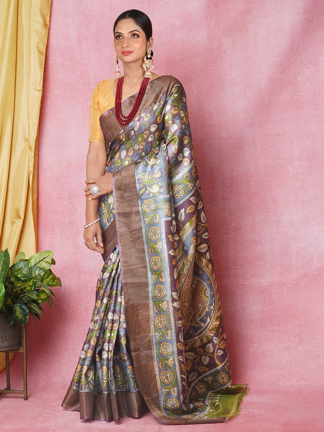 

Unnati Silks Ethnic Motifs Printed Zari Pure Silk Tussar Saree, Purple
