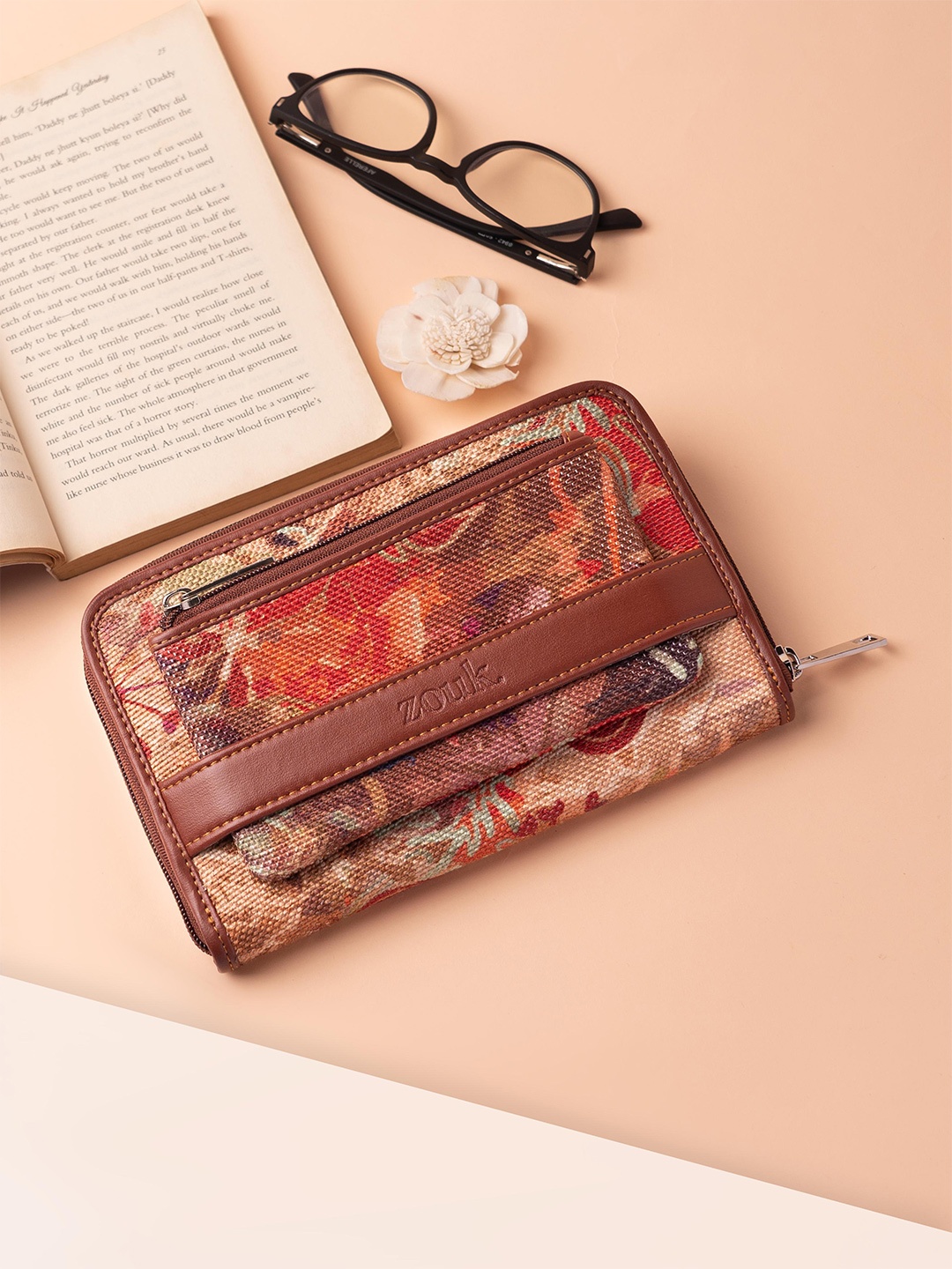 

ZOUK Women Flolov Classic Abstract Printed Fabric Zip Around Wallet, Brown
