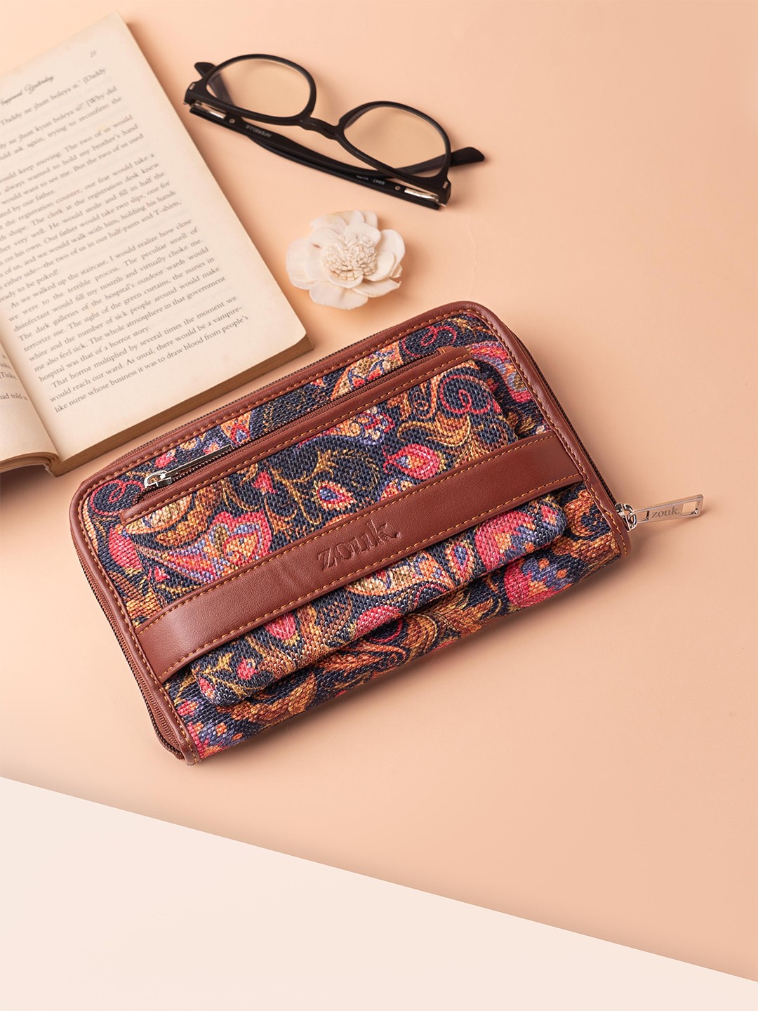 

ZOUK Women Paisley Printed Classic Fabric Zip Around Wallet, Navy blue