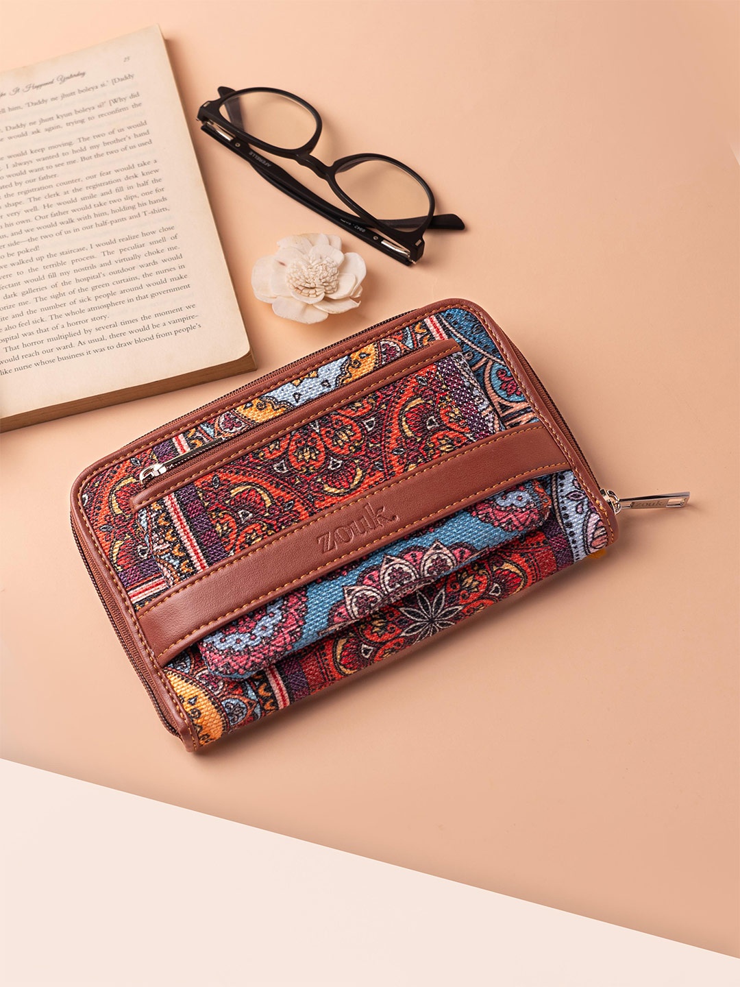 

ZOUK Women Ethnic Motifs Printed Zip Around Wallet, Brown