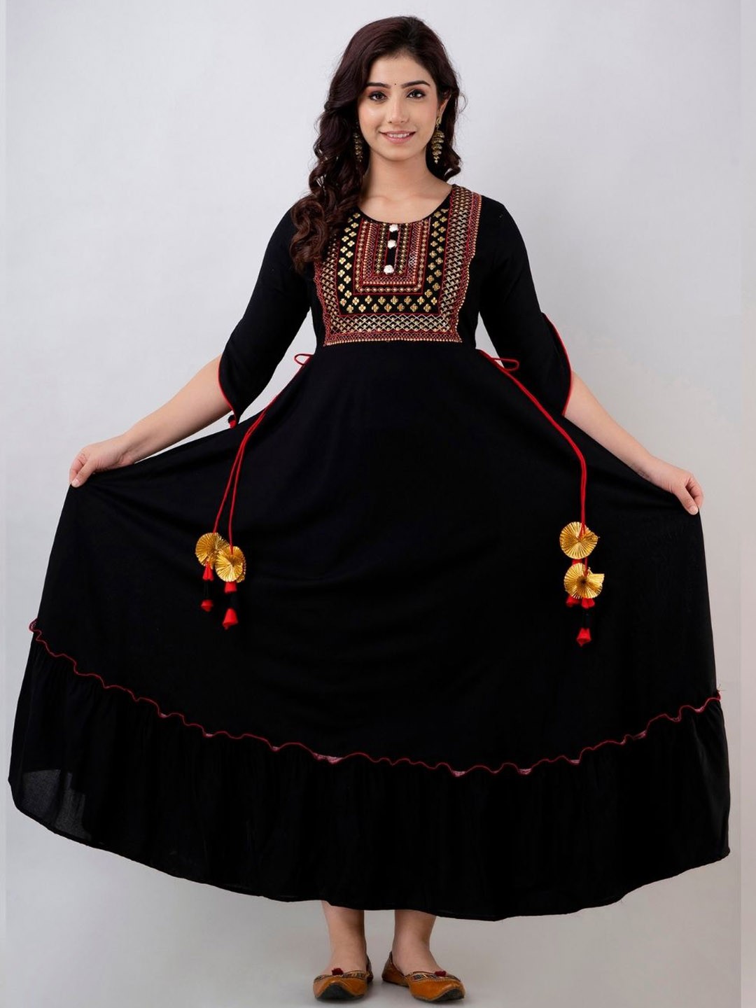 

ftDiva Ethnic Motifs Embroidered Maxi Dress, Black