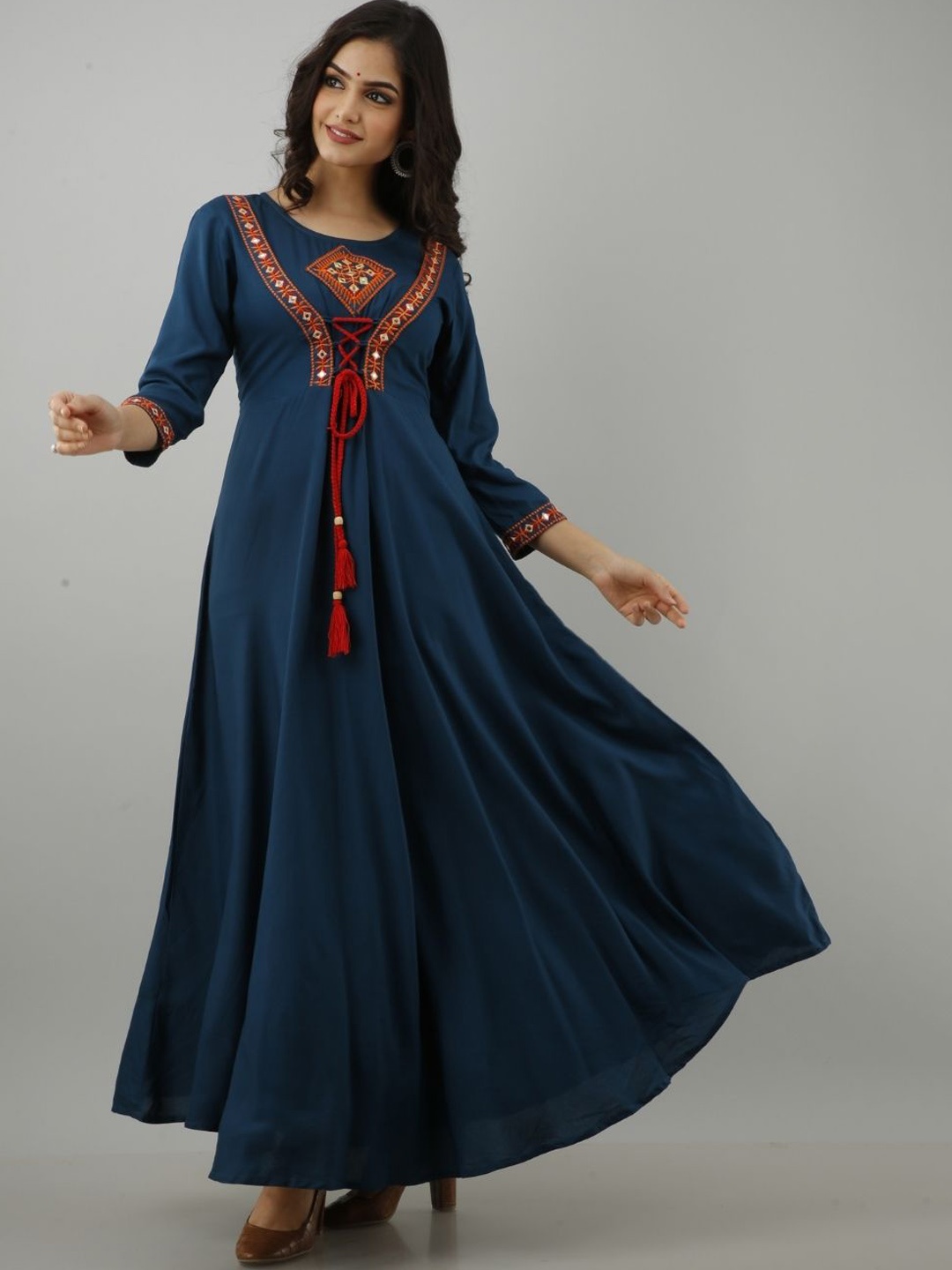 

ftDiva Ethnic Motifs Embroidered Maxi Dress, Blue