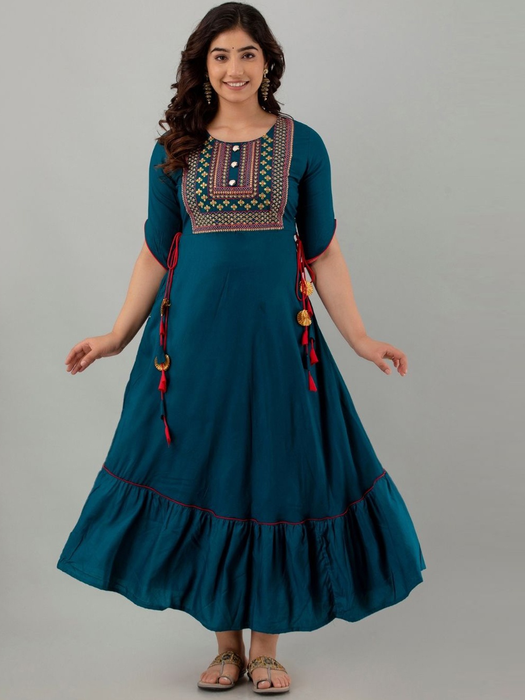 

ftDiva Ethnic Motifs Embroidered Maxi Dress, Blue