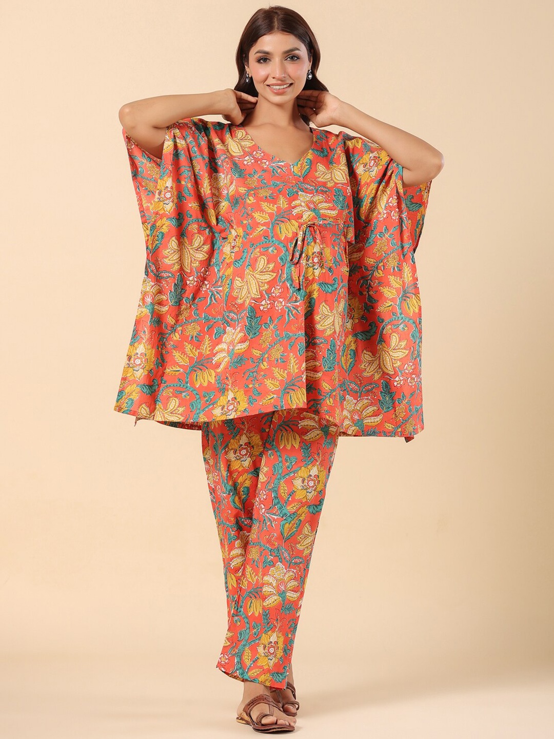 

Ikk Kudi by Seerat Floral Printed Pure Cotton Maternity Kaftan Kurti With Trousers, Orange