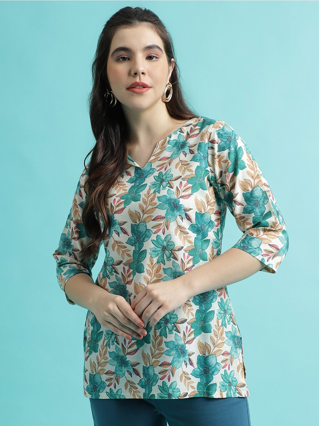 

J Turritopsis Floral Printed Straight Kurti, Green