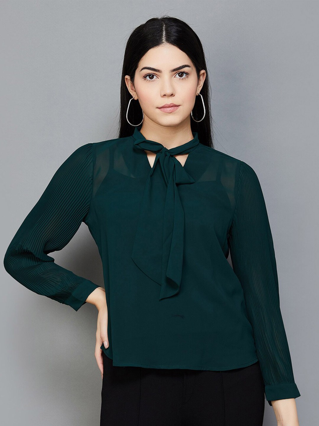 

CODE by Lifestyle Tie-Up Neck Cuffed Sleeves Regular Top, Green