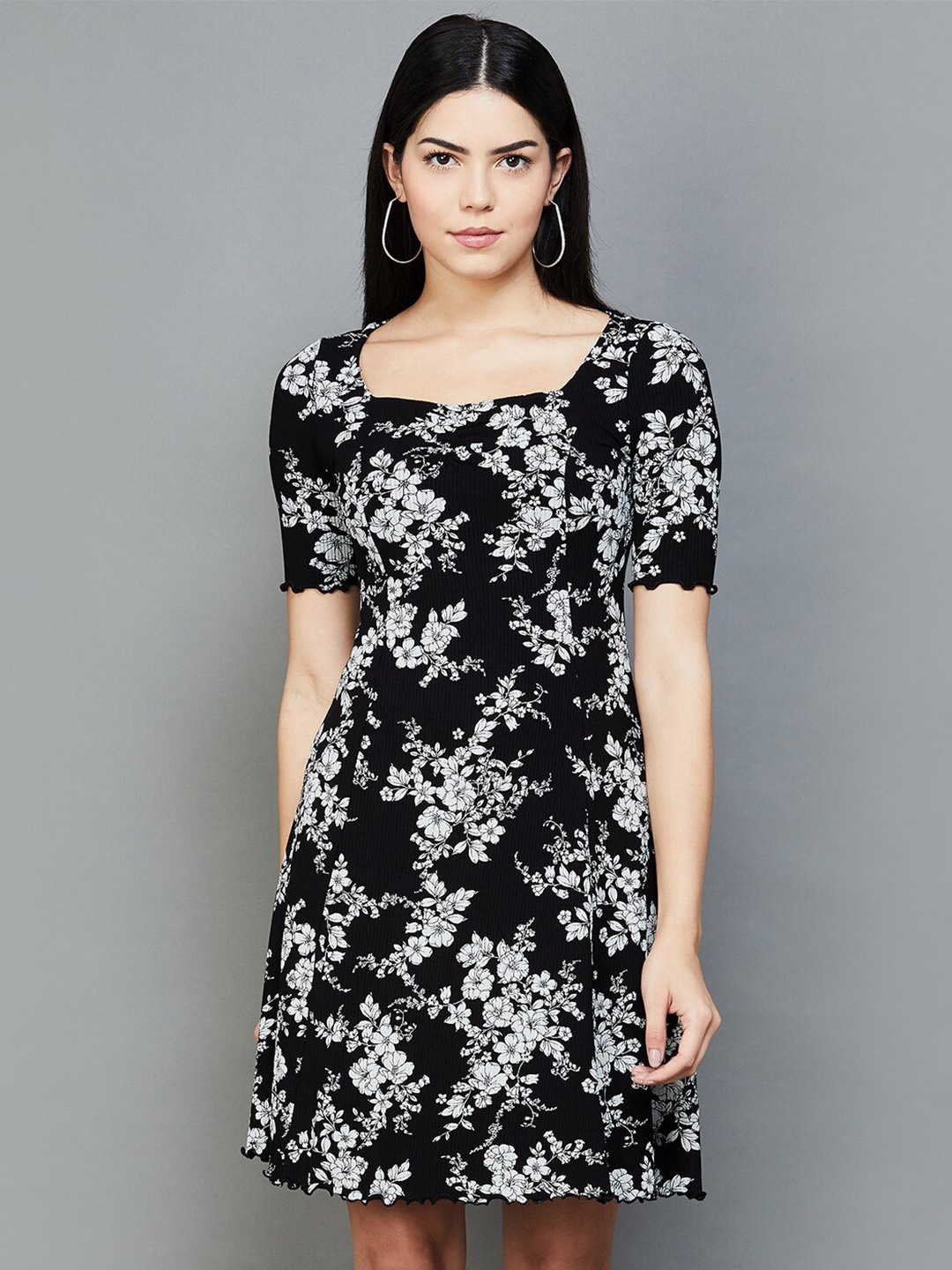 

CODE by Lifestyle Floral Printed Square Neck Puff Sleeves A-Line Dress, Black