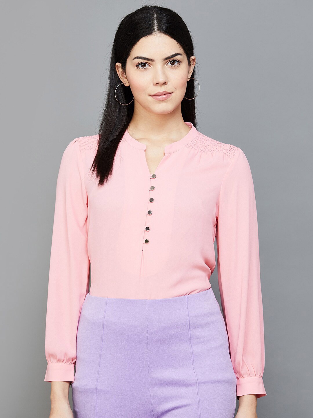 

CODE by Lifestyle Smocked Detailed Mandarin Collar Cuffed Sleeve Shirt Style Top, Pink