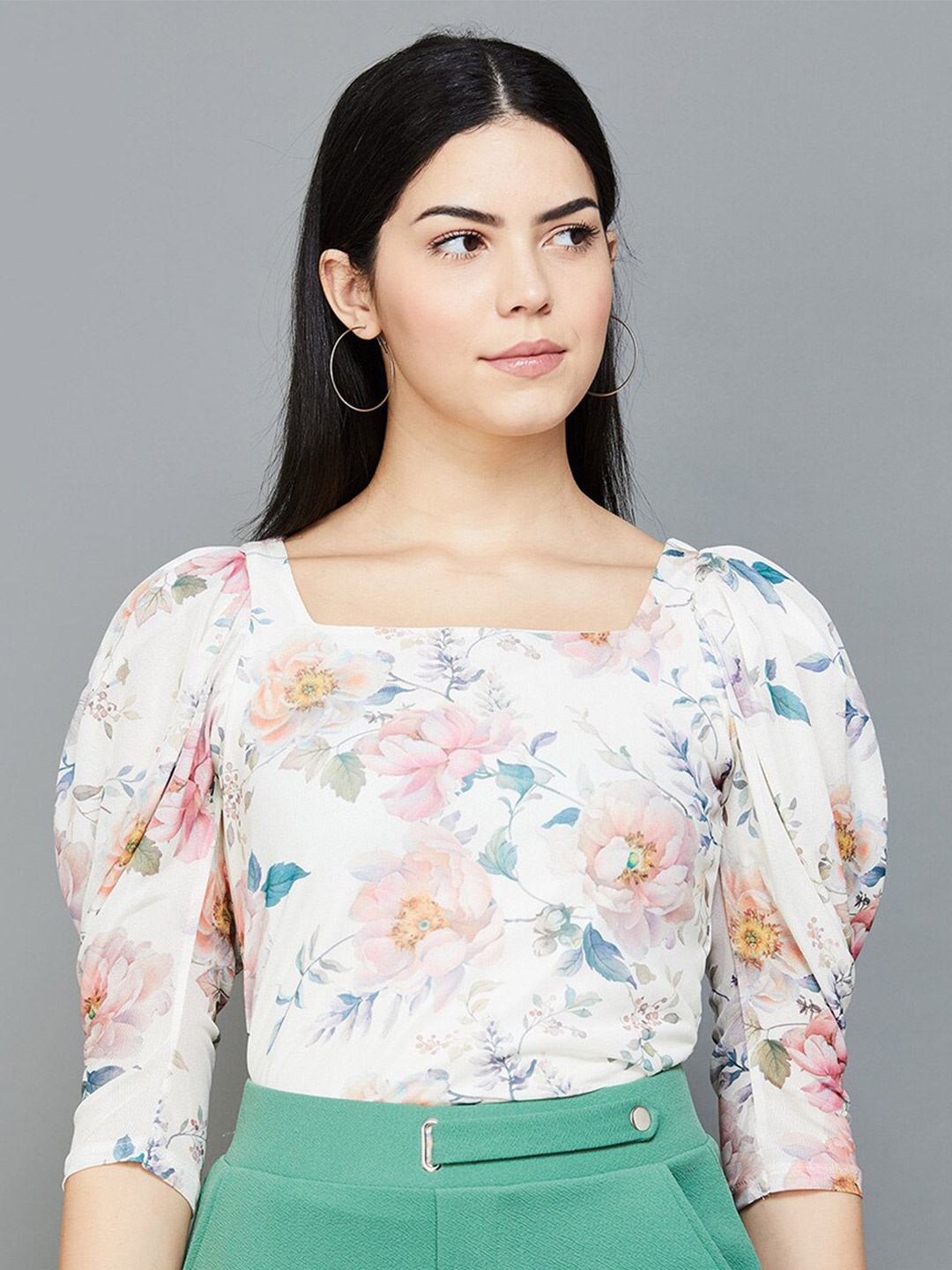 

CODE by Lifestyle Floral Printed Square Neck Puff Sleeve Top, Off white