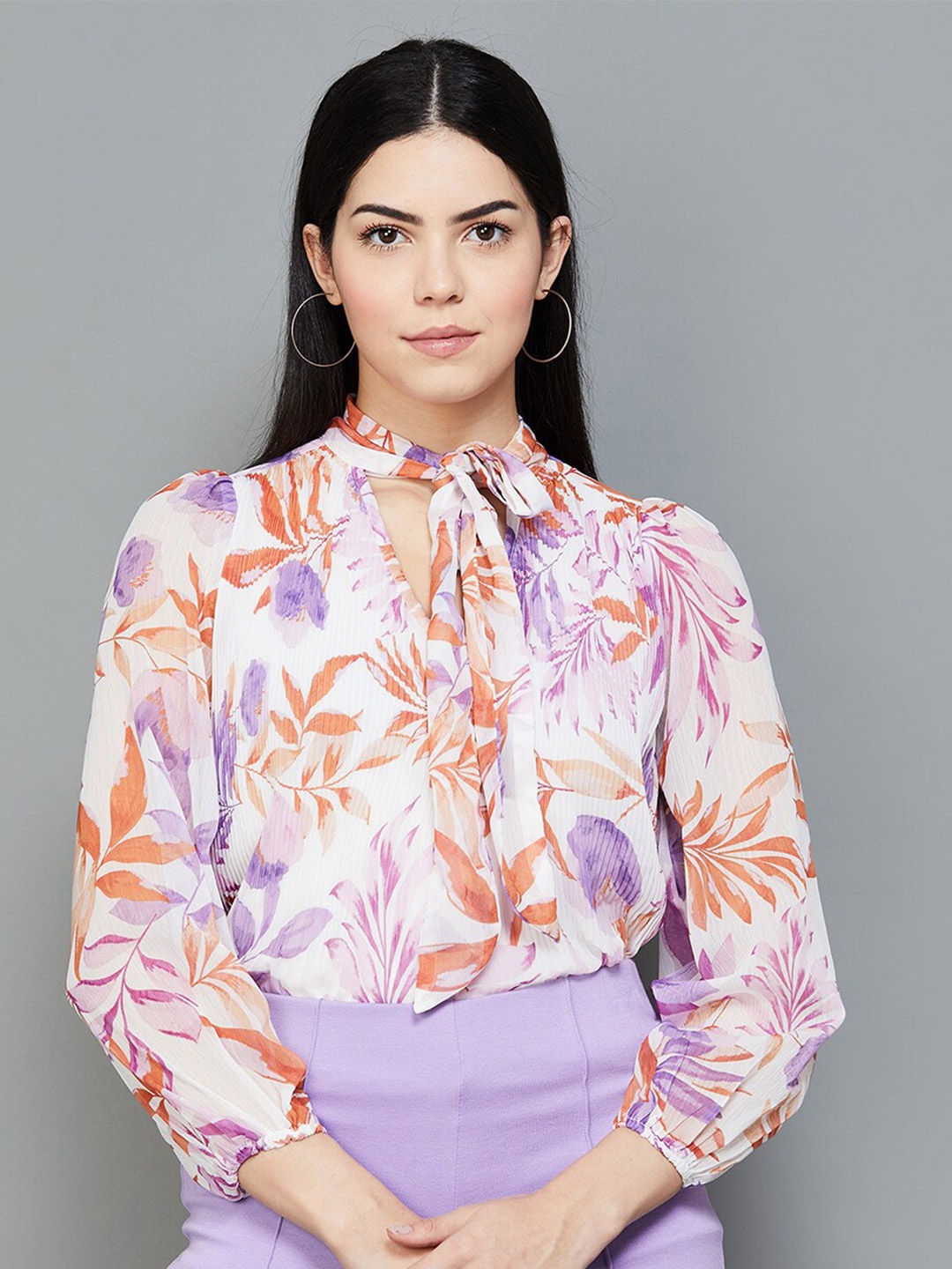 

CODE by Lifestyle Floral Print Tie-Up Neck Puff Sleeve Regular Top, Off white