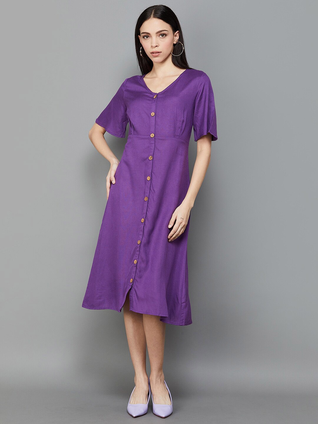 

CODE by Lifestyle V-Neck Flared Sleeves A-Line Midi Dress, Purple