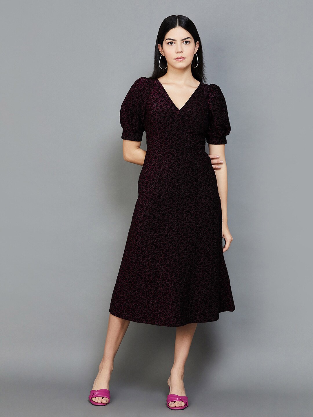 

CODE by Lifestyle Floral Self Design V-Neck Puff Sleeves A-Line Midi Dress, Black