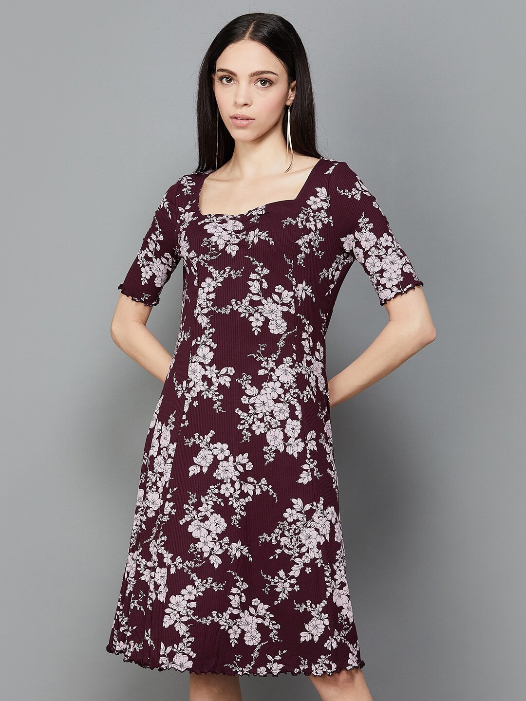 

CODE by Lifestyle Floral Printed Square Neck A-Line Dress, Red