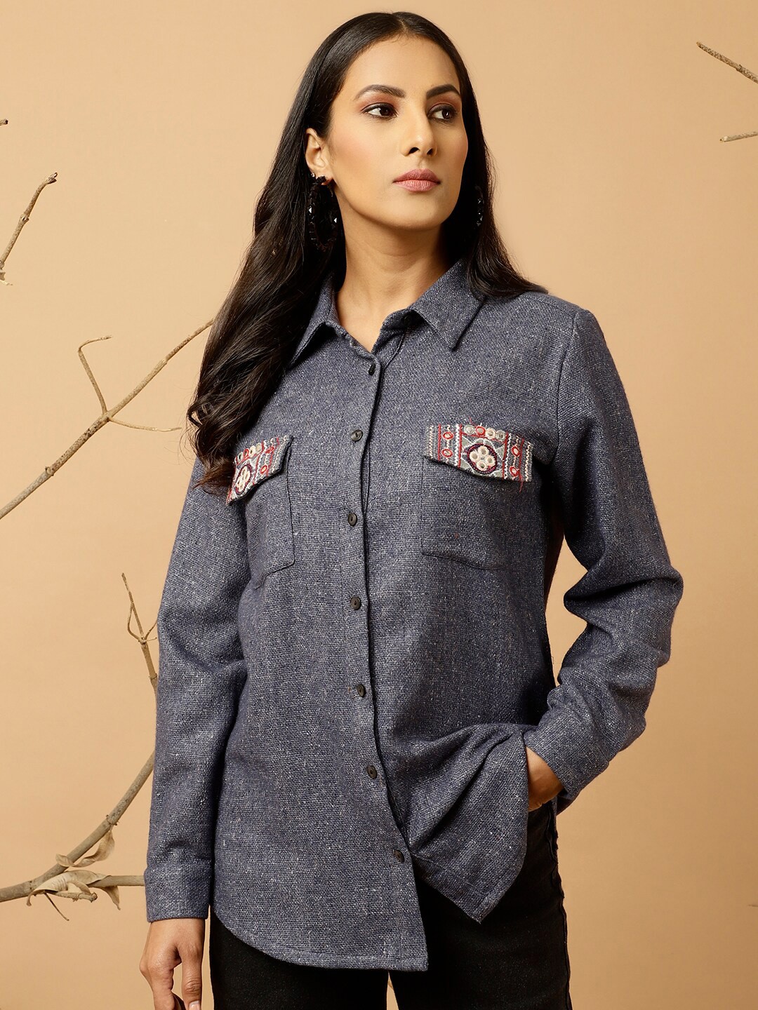 

Jaipur Kurti Navy Blue Relaxed Spread Collar Embroidered Detailed Woollen Casual Shirt