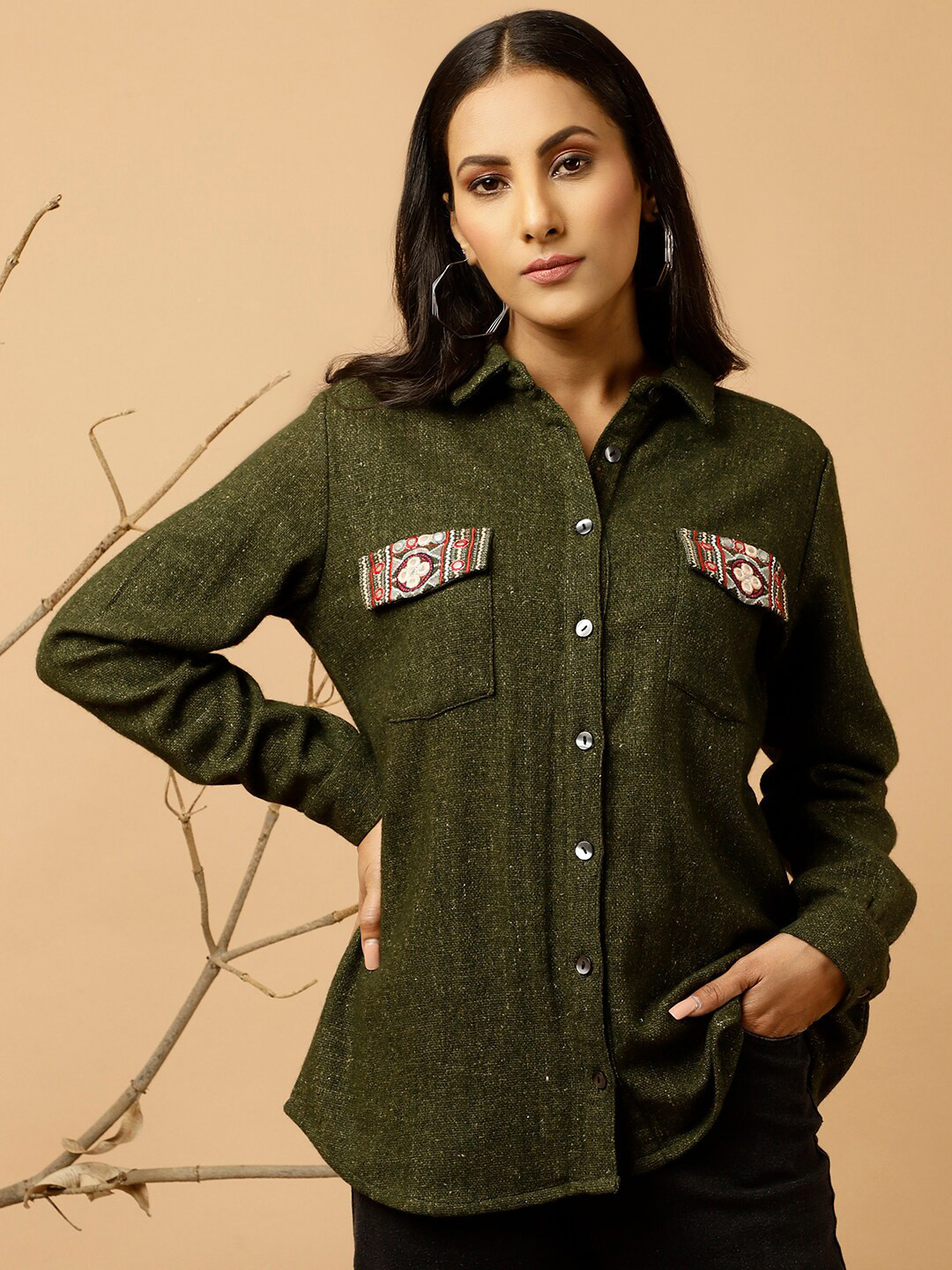 

Jaipur Kurti Green Relaxed Spread Collar Embroidered Detailed Woollen Casual Shirt