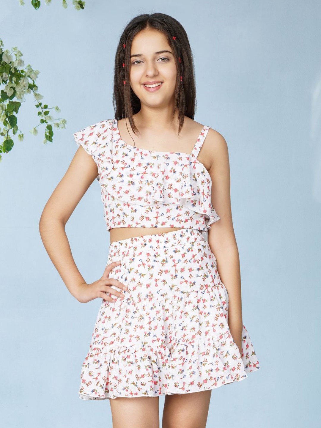 

BAESD Girls Floral Printed Top With Skirt, White