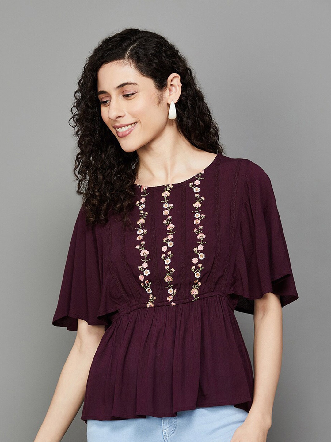 

Fame Forever by Lifestyle Floral Embroidered Flared Sleeves Cinched Waist Top, Burgundy