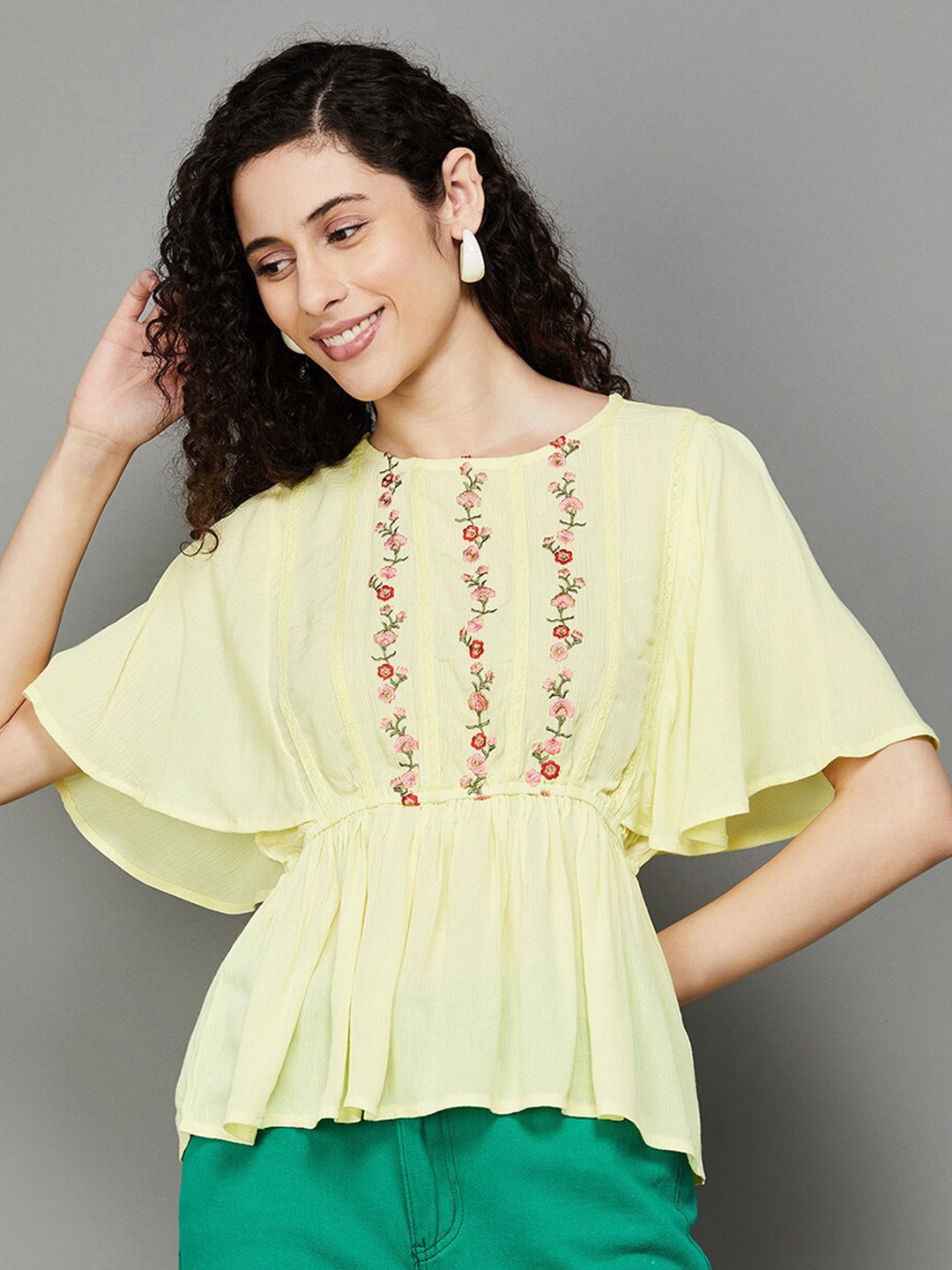 

Fame Forever by Lifestyle Floral Embroidered Flared Sleeves Cinched Waist Top, Yellow