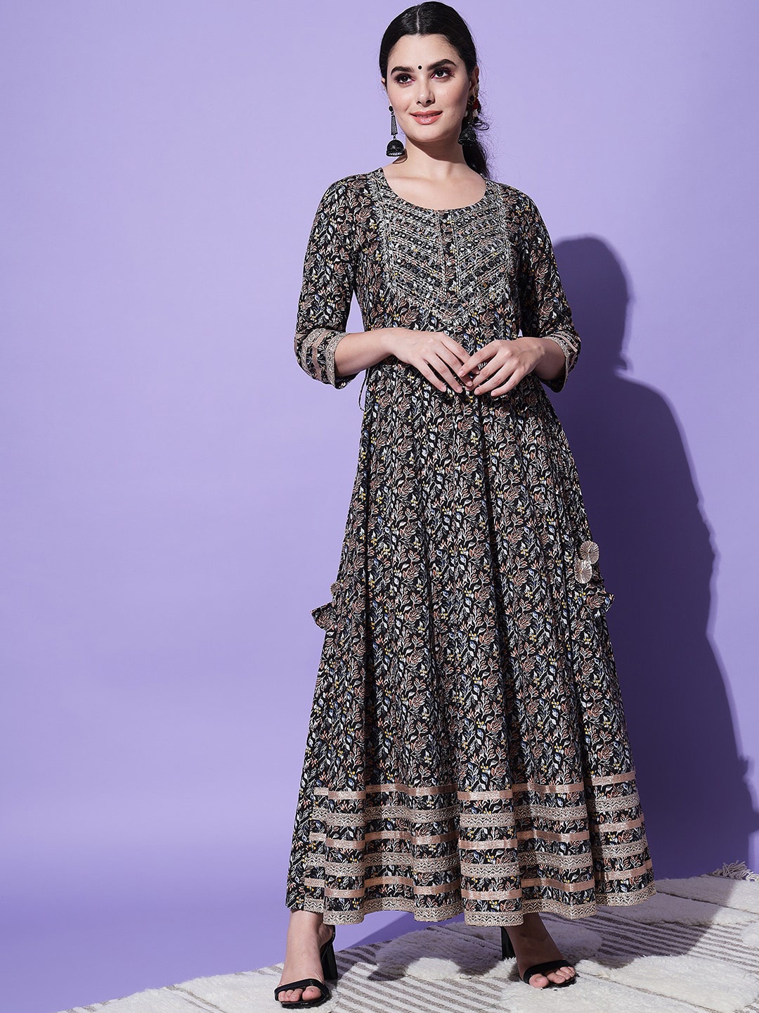 

KALINI Floral Printed Mirror Work Pure Cotton Anarkali Kurta, Black