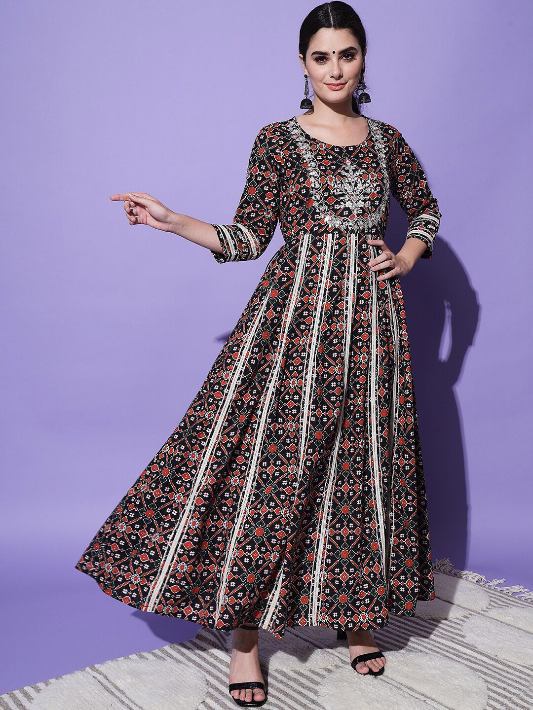 

KALINI Floral Printed Pure Cotton Anarkali Kurta, Black