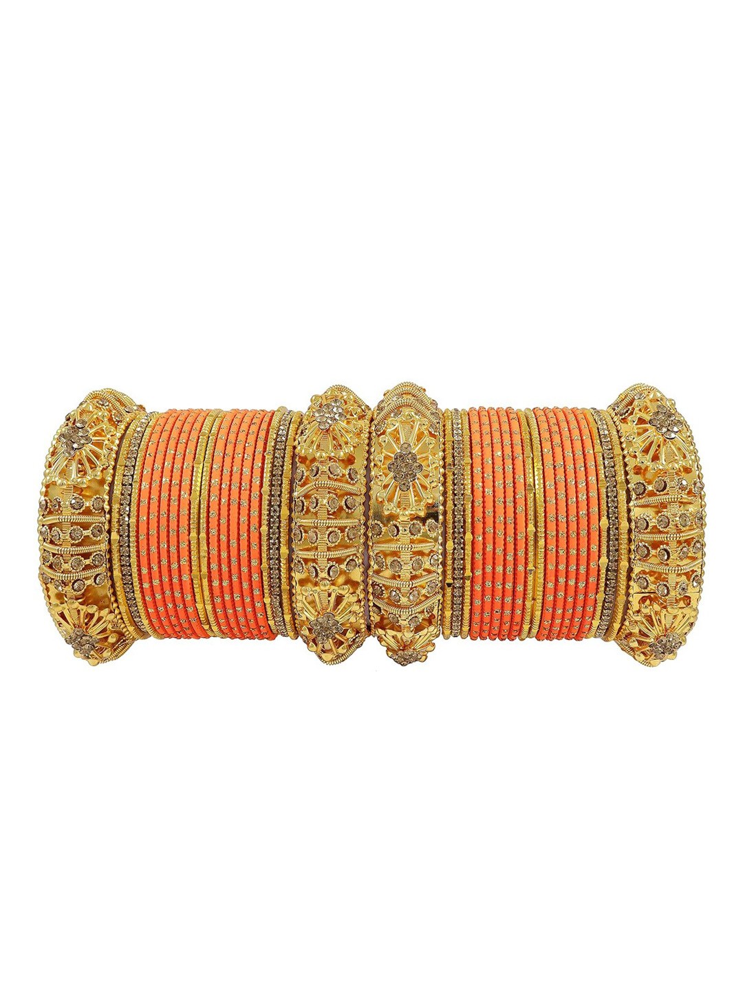 

NMII Set Of 40 Metal & Zircon Stone Studded Glossy Finish Bangles, Gold