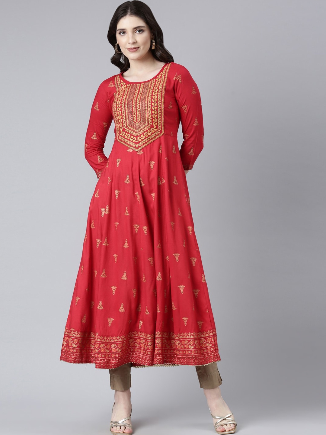 

Souchii Ethnic Motifs Printed Liva Anarkali Kurta, Red