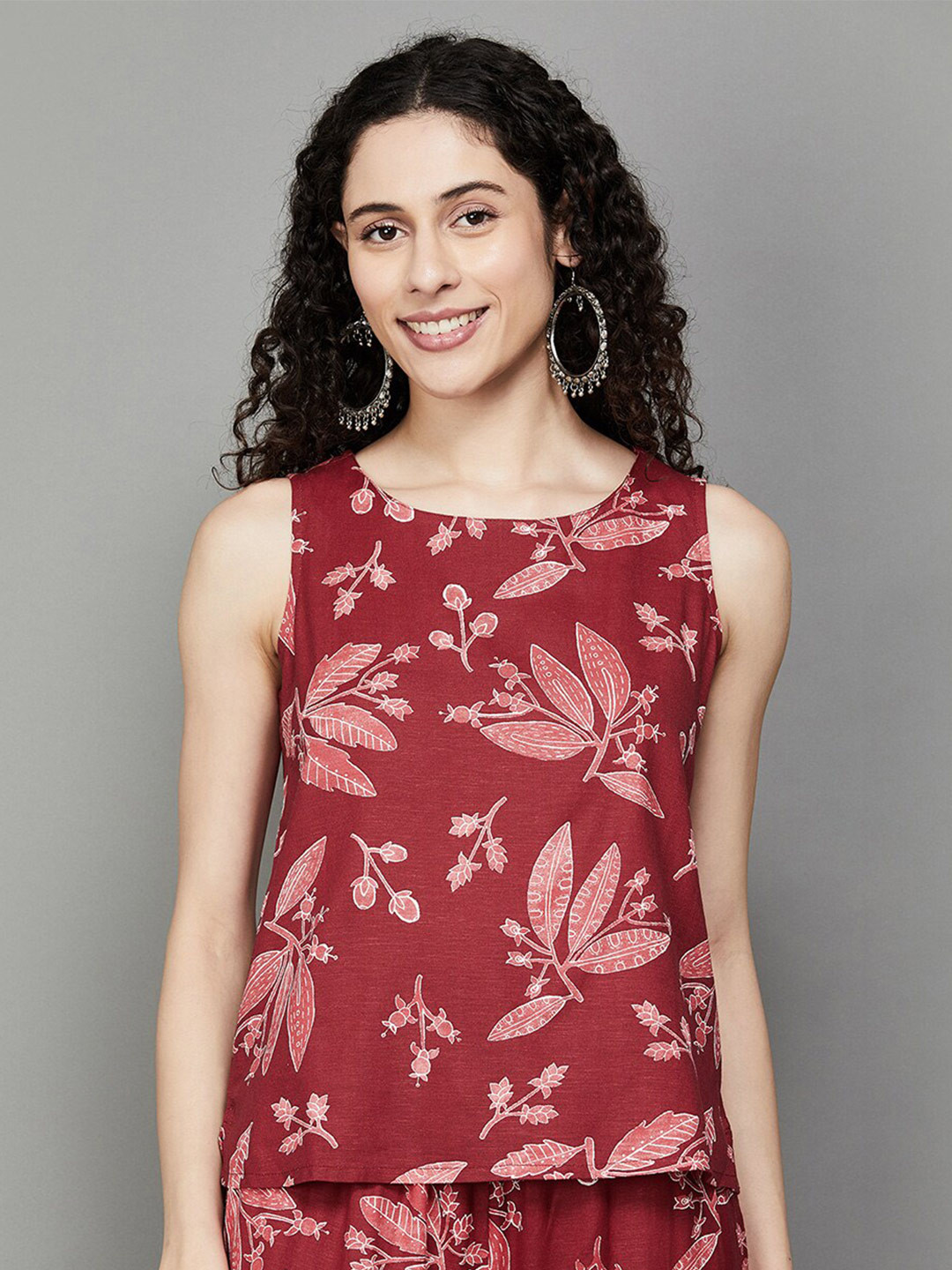 

Colour Me by Melange Floral Printed Round Neck Sleeveless Top, Maroon