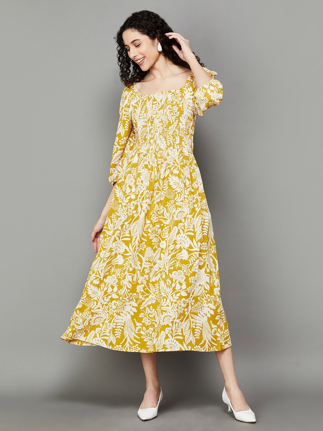 

Colour Me by Melange Floral Printed Smocked Detailed Puff Sleeve Fit & Flare Dress, Mustard