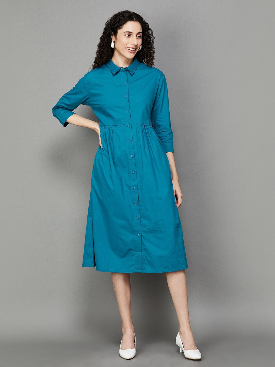 

Colour Me by Melange Shirt Collar Cotton Shirt Style Dress, Teal