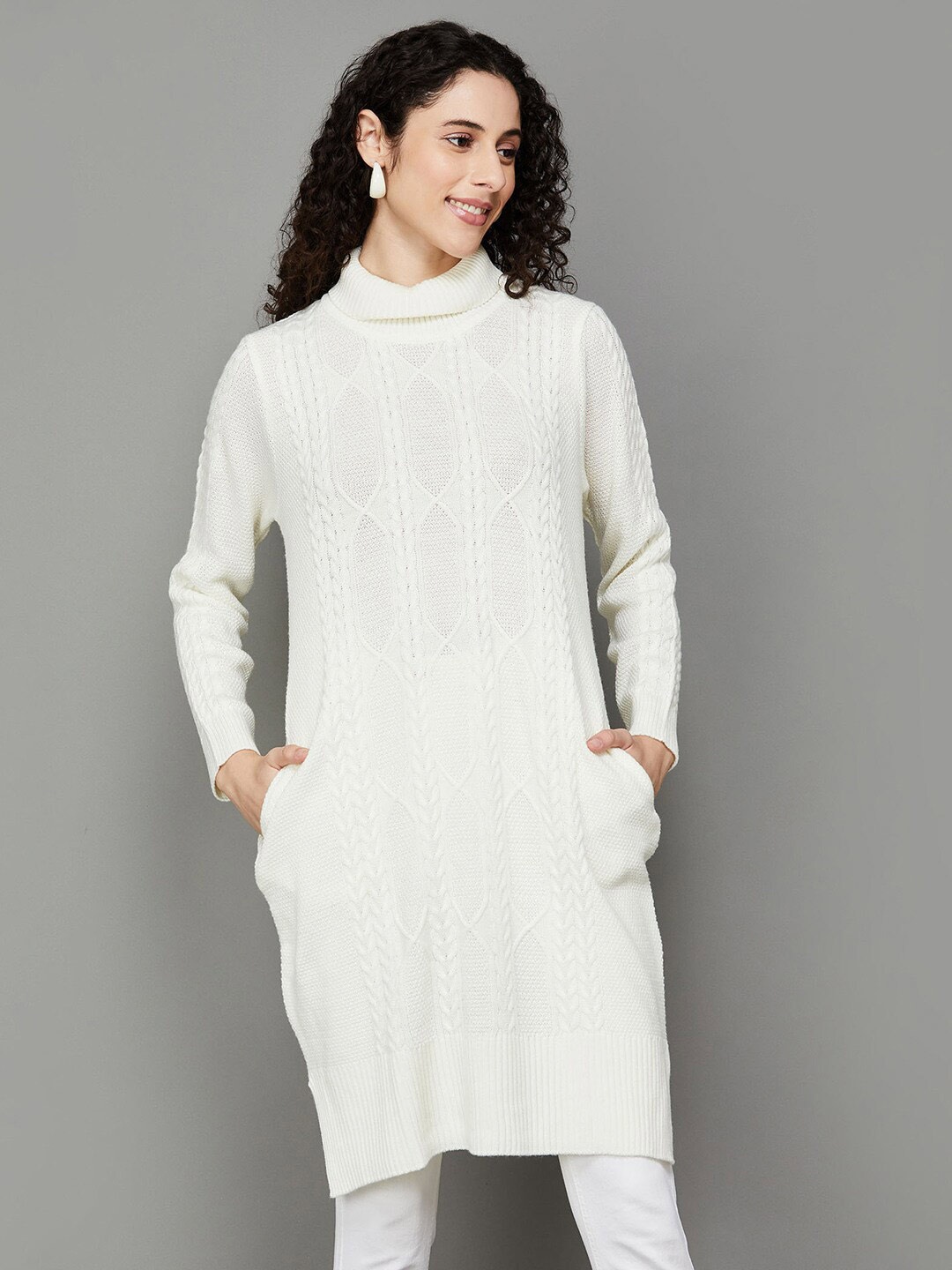

Colour Me by Melange Women Acrylic Cable Knit Longline Pullover, Off white