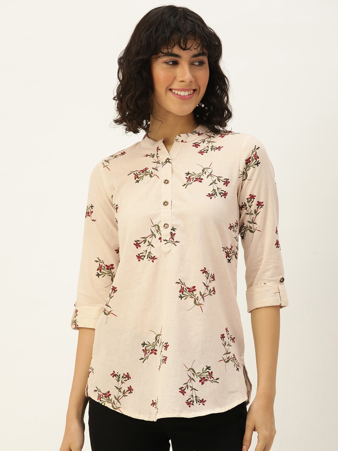 

AMUKTI Floral Printed Mandarin Collar Tunic, Beige