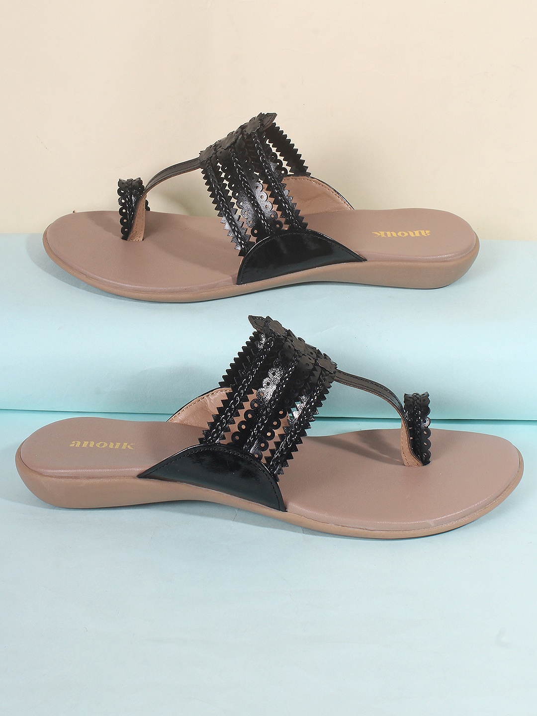 

Anouk Black & Beige Textured One Toe Flats With Laser Cuts