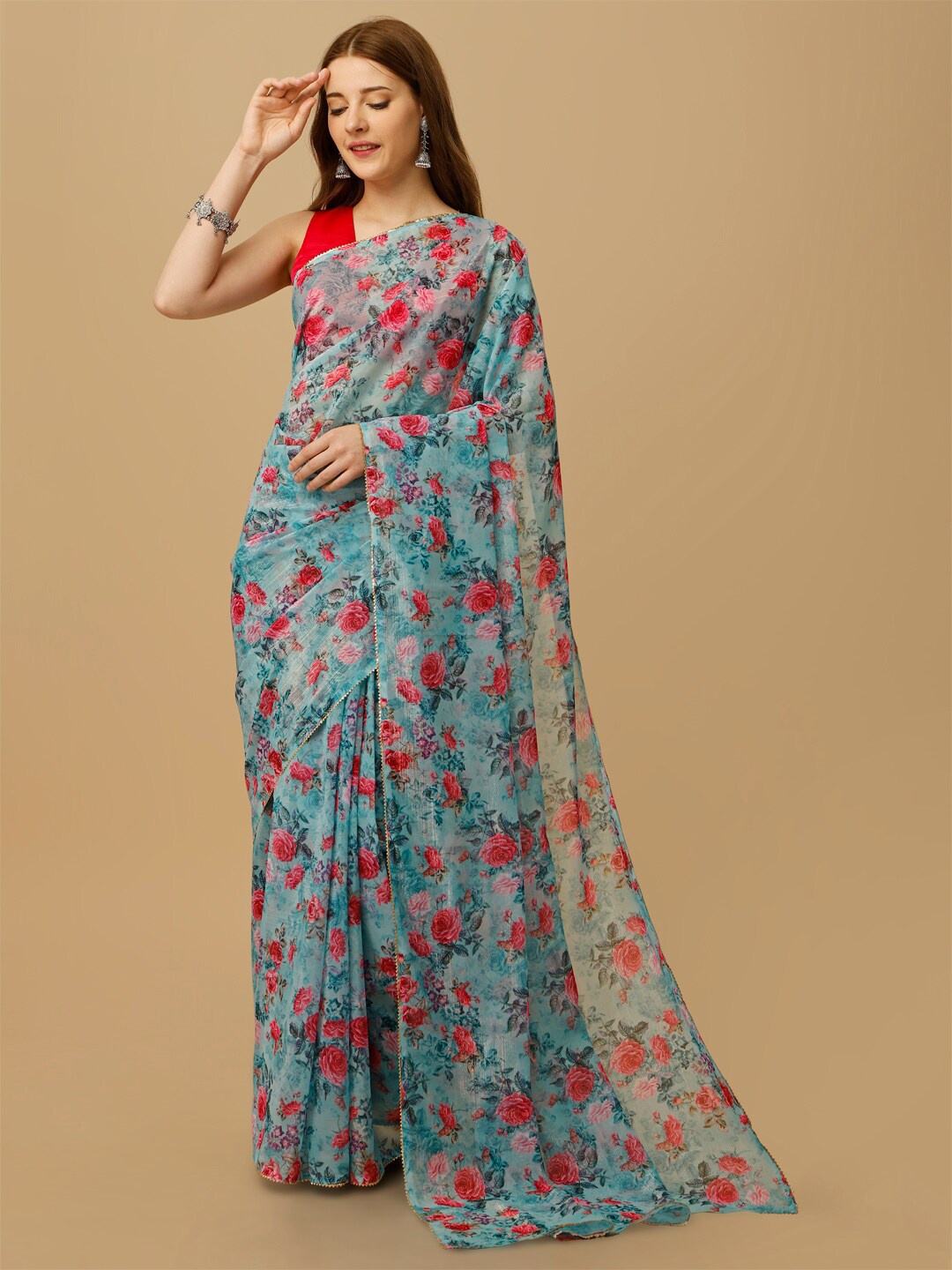 

BAPS Floral Printed Saree, Sea green