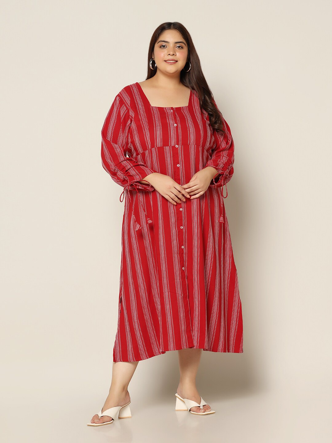 

FASHION DREAM Plus Size Striped A-Line Midi Dress, Maroon