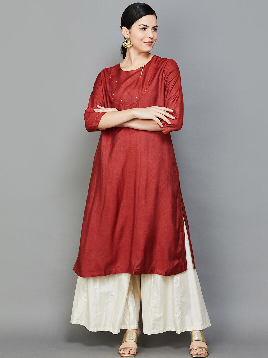 

Melange by Lifestyle Round Neck Thread Work Silk Kurta, Red