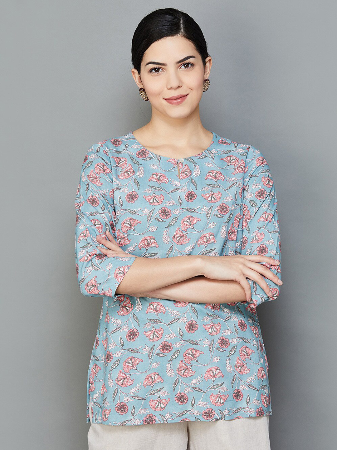 

Melange by Lifestyle Floral Printed Straight Kurti, Blue