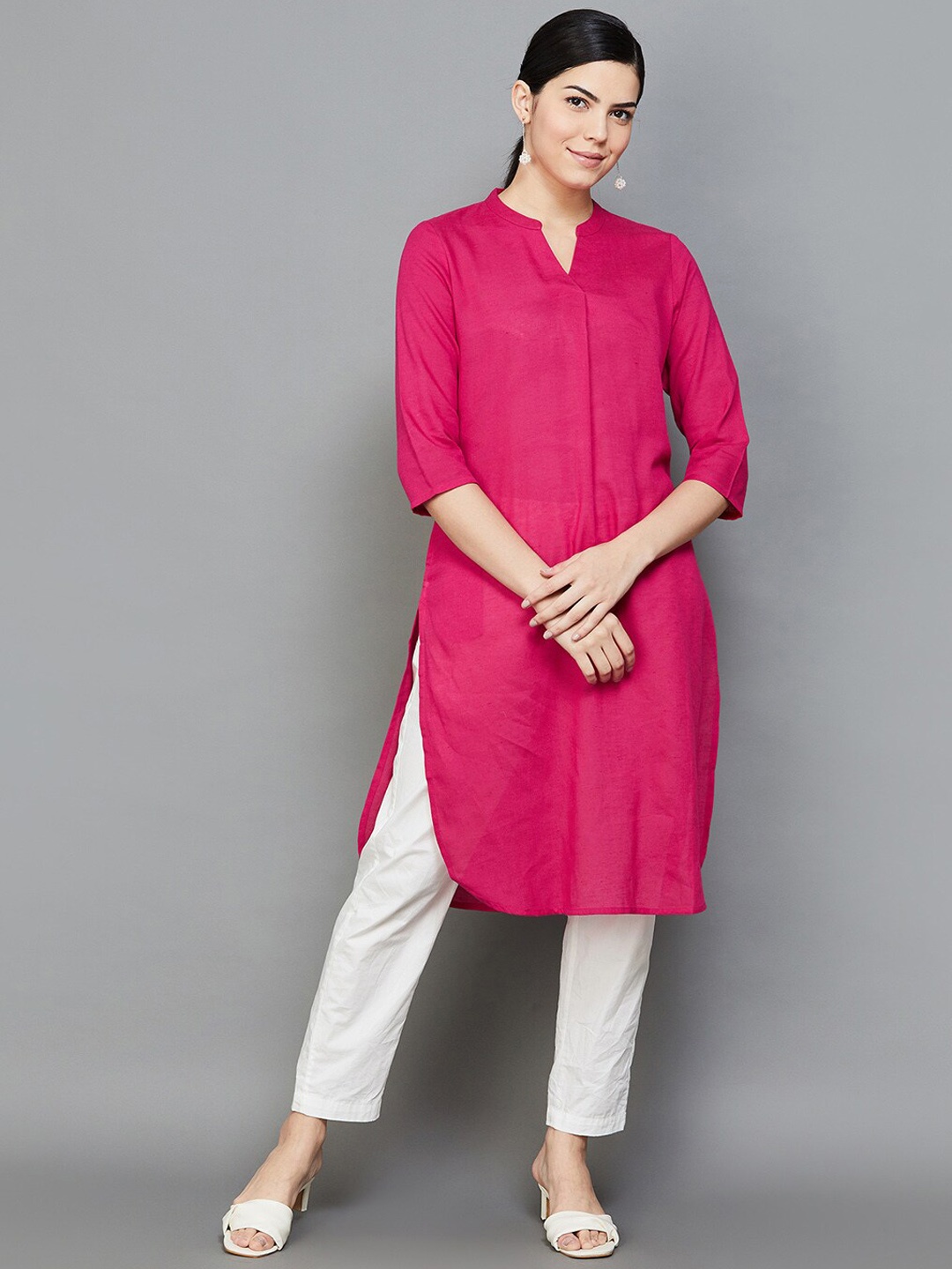 

Melange by Lifestyle Mandarin Collar Cotton Kurta, Pink