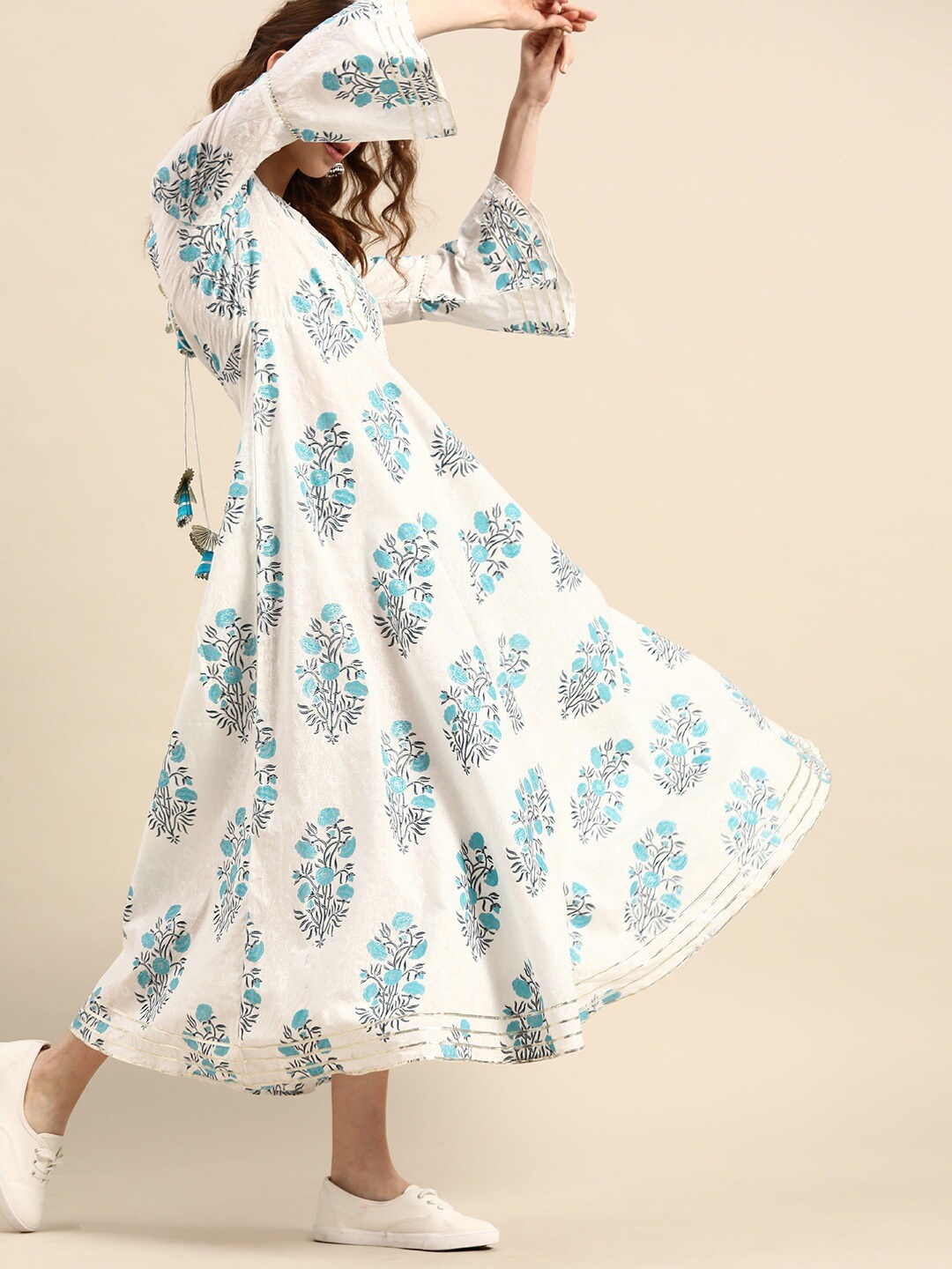 

RANGMAYEE Floral Printed Bell Sleeves Fit & Flare Ethnic Dress, White