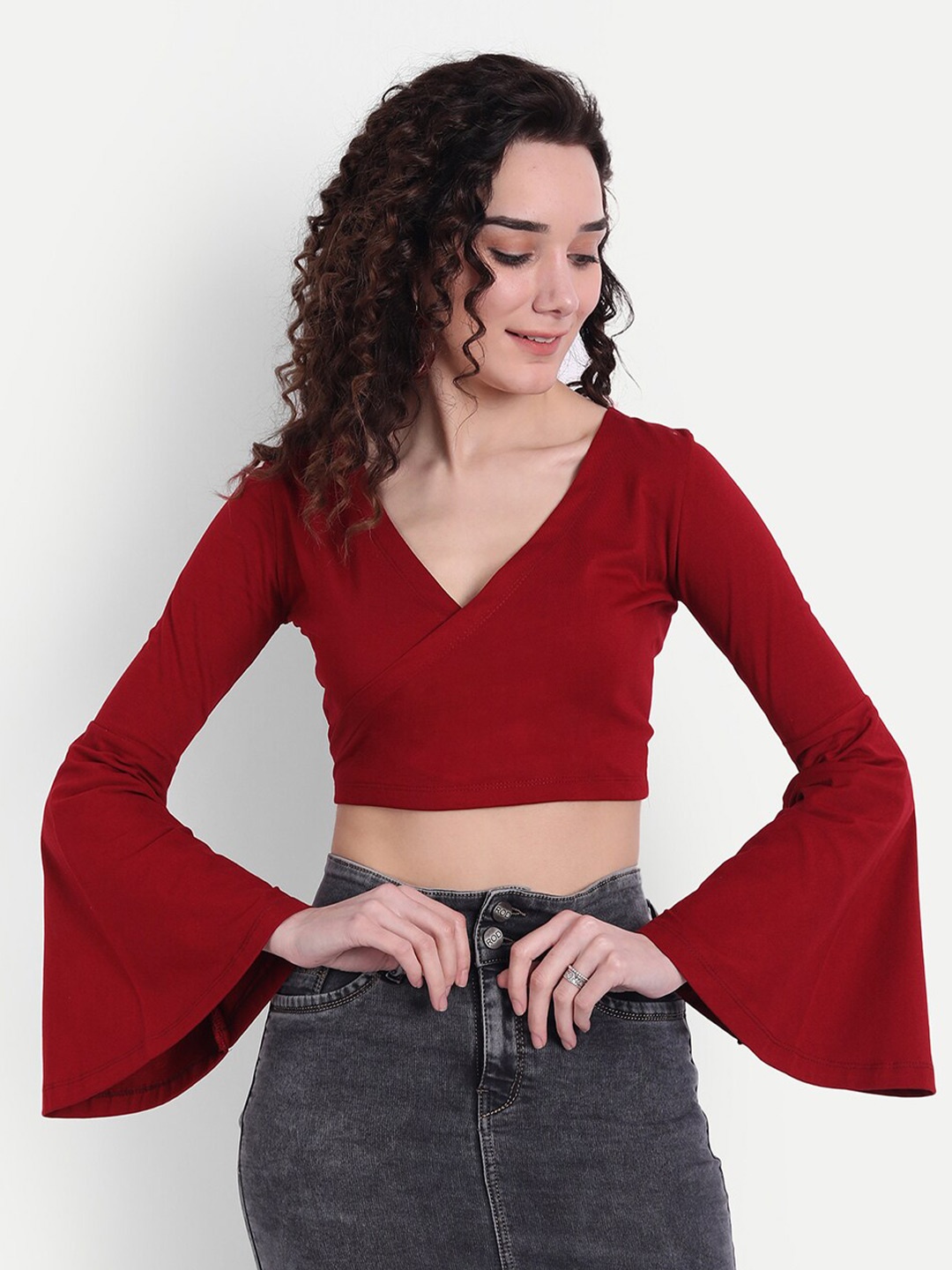 

COLOR CAPITAL V Neck Bell Sleeve Wrap Crop Top, Maroon
