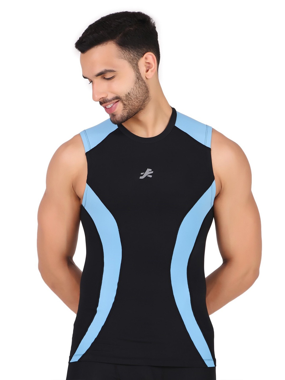 

REDESIGN Colourblocked Dry Fit Compression Sports T-shirt, Black