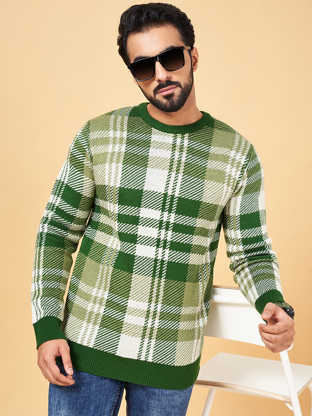 

YU by Pantaloons Checked Round Neck Acrylic Pullover Sweater, Olive